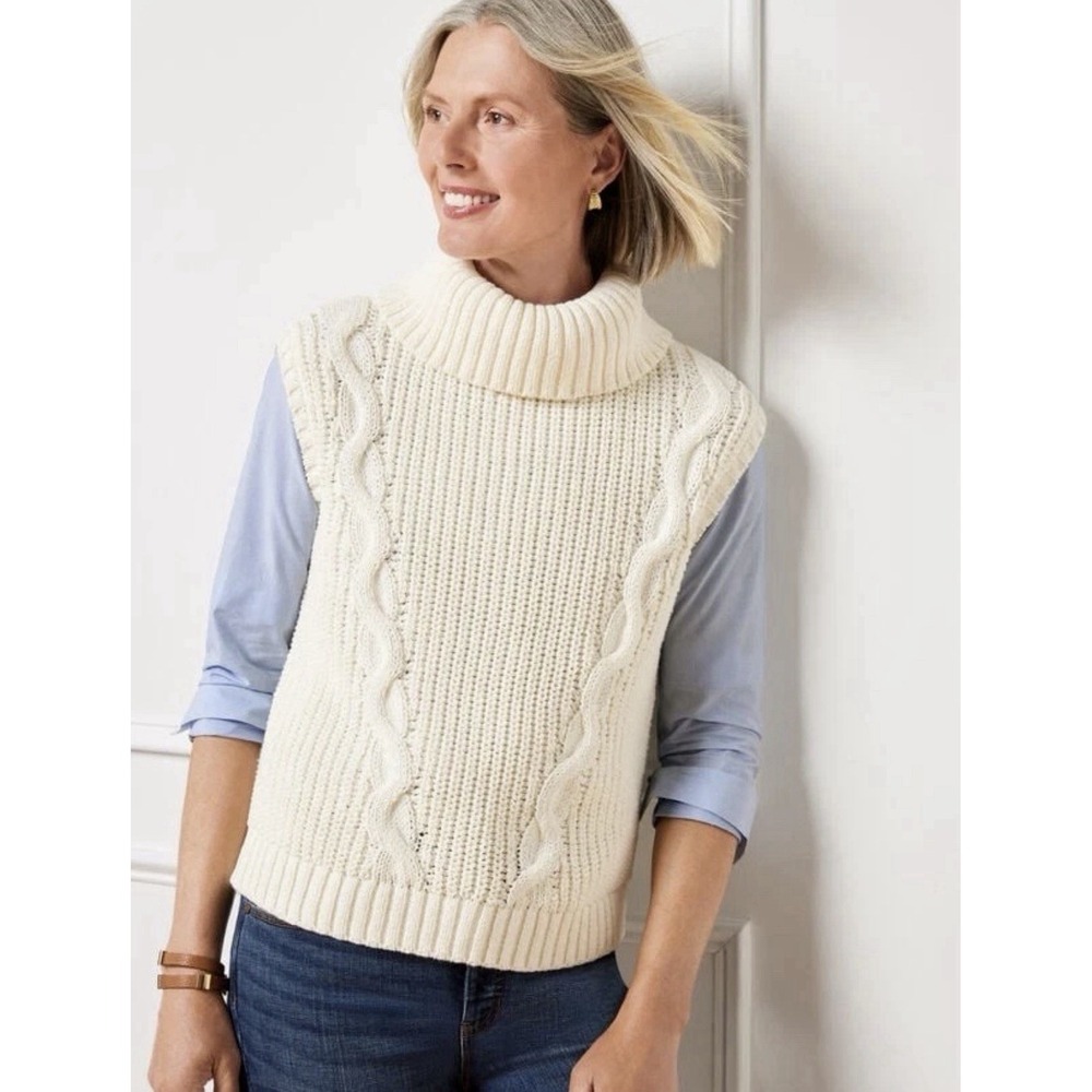 Talbots NWT Convertible Cowl Neck Fisherman Cable Vest Ivory XL Coastal Prep